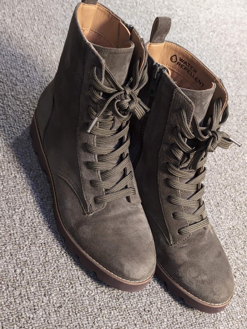 Vionic Lani Olive Suede Lace Up Combat Boots Sz 7.5 Water Repellant Shoes